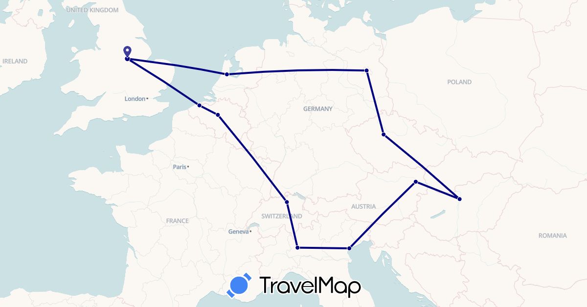 TravelMap itinerary: driving in Austria, Belgium, Switzerland, Czech Republic, Germany, United Kingdom, Hungary, Italy, Netherlands (Europe)
